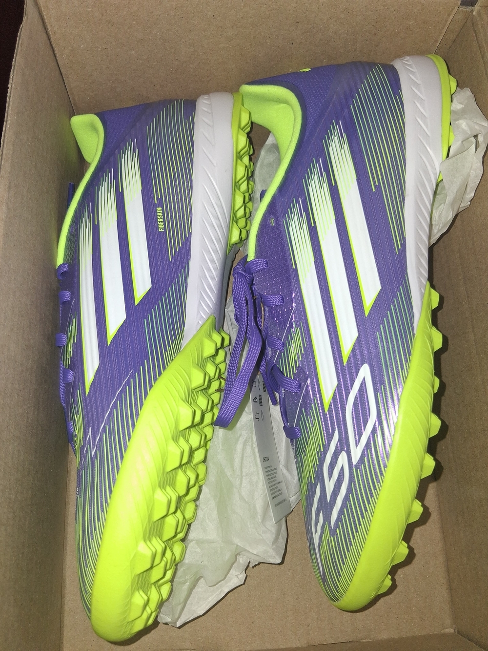 adidas F50 League TF Women's Purple & Neon Green Soccer Cleats - Picture 2 of 5
